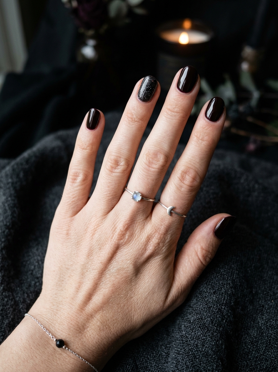 Black Glitter Witchy Accent Nails als Witchy Nails Inspiration 2026